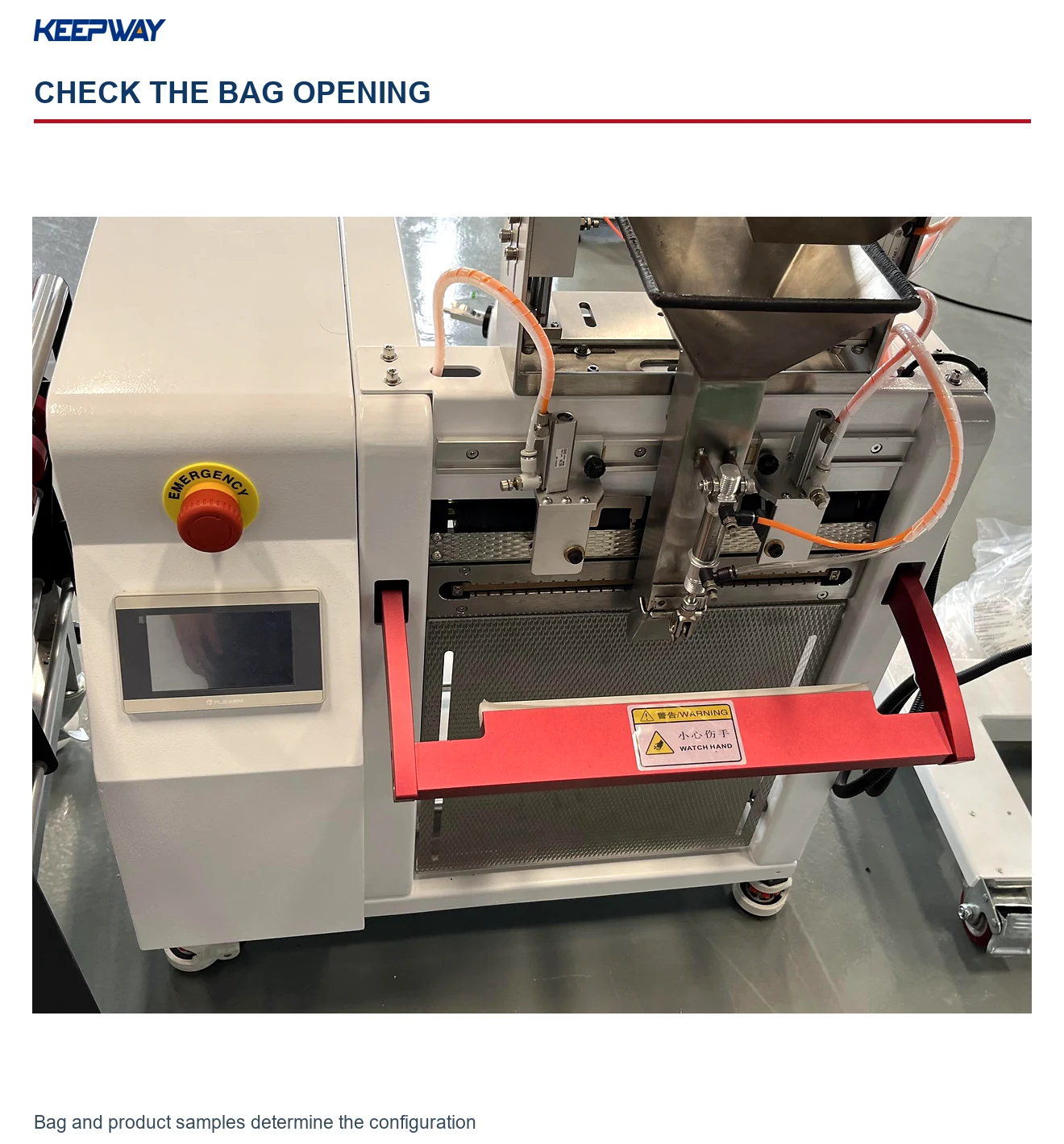 Close view of bag guides, pneumatic components, hopper and operator controls on a configured bagger