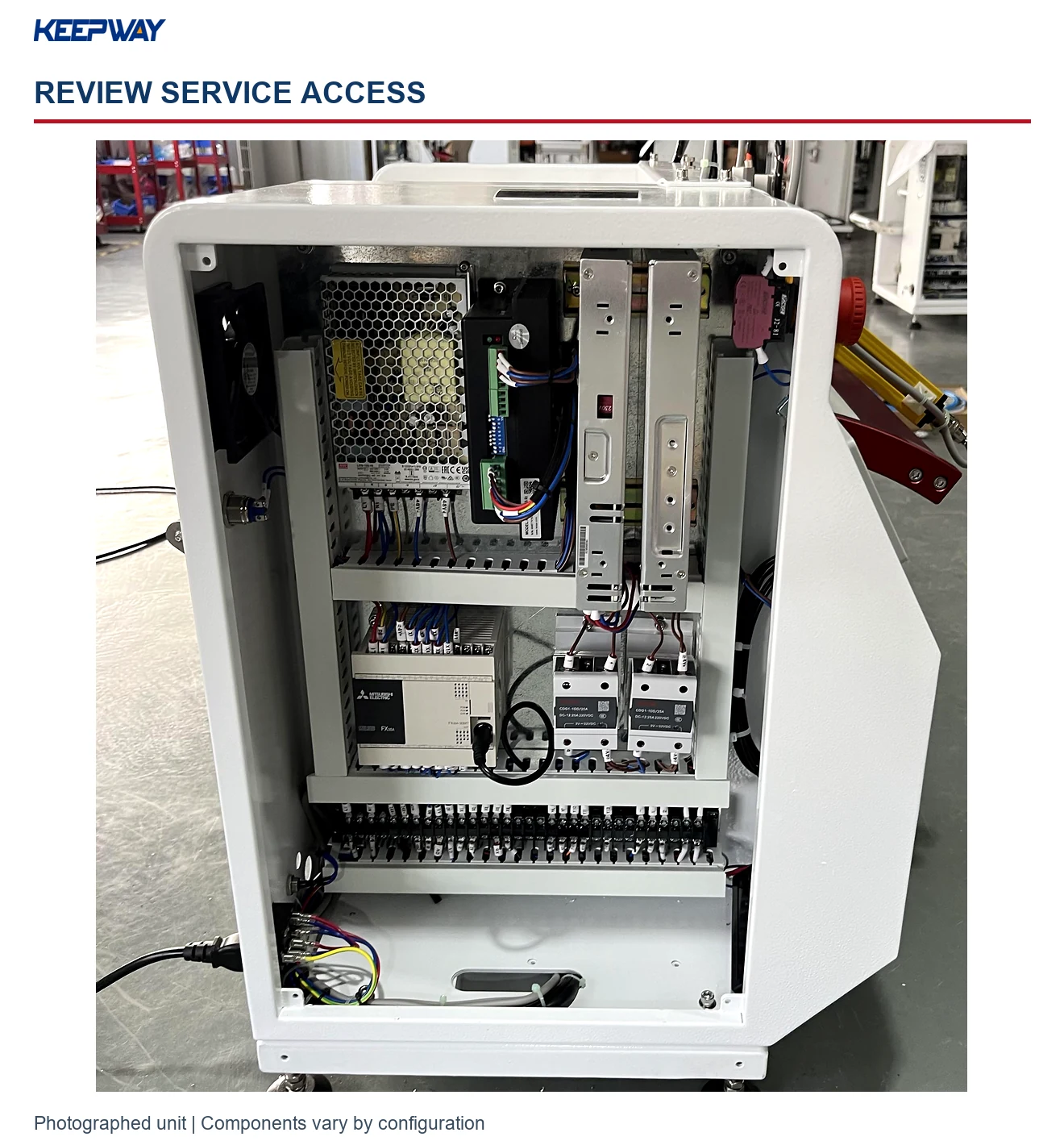 Open control cabinet showing wiring and electrical components on the photographed bagging machine