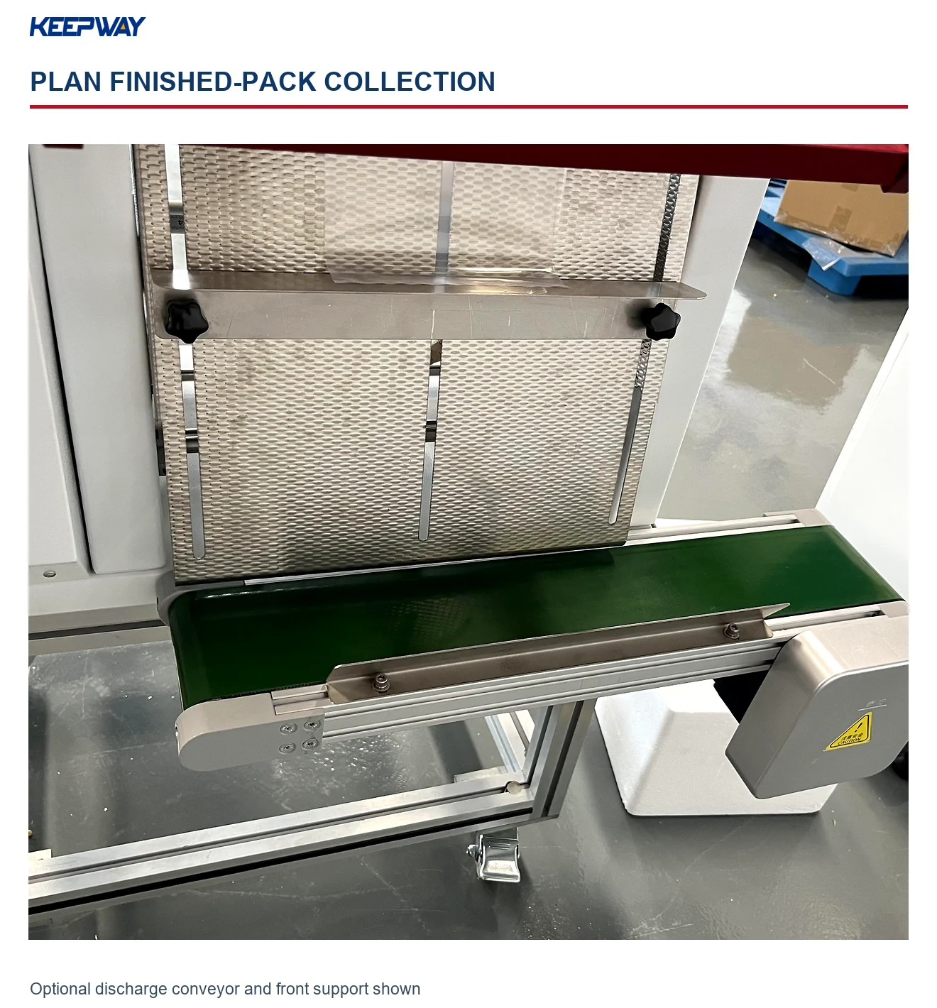 Actual discharge conveyor and adjustable front support on a bagging station