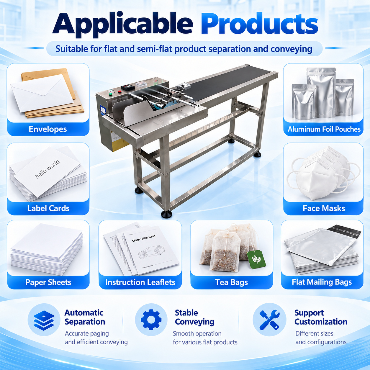 Conveyor feeder with application examples including envelopes, label cards, flat pouches and instruction leaflets