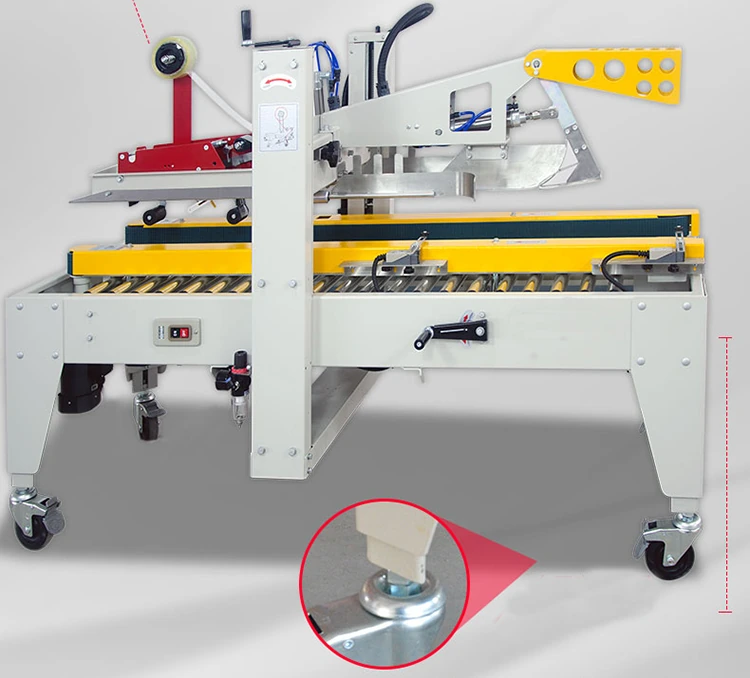 Original carton sealer showing the tape head, conveyor and adjustable support feet