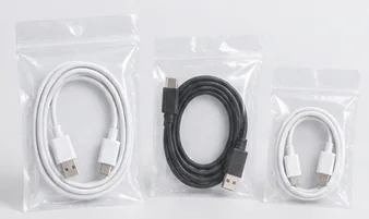 Coiled data cables pictured in clear bags