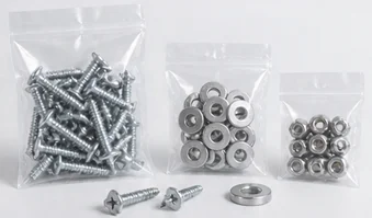 Screws and washers pictured with clear bags for kit packaging