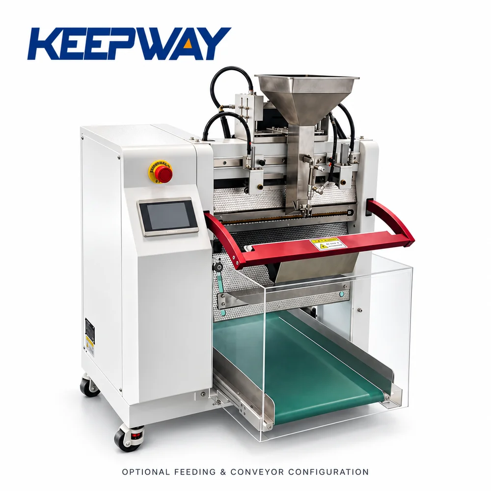 Keepway pre-opened bagging system illustration with optional hopper and discharge conveyor