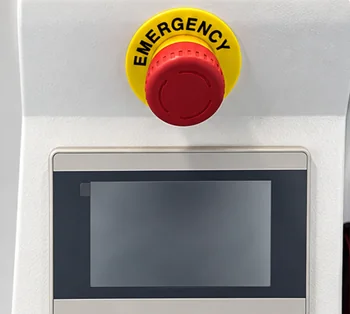 Touchscreen and emergency stop shown on the illustrated bagging system