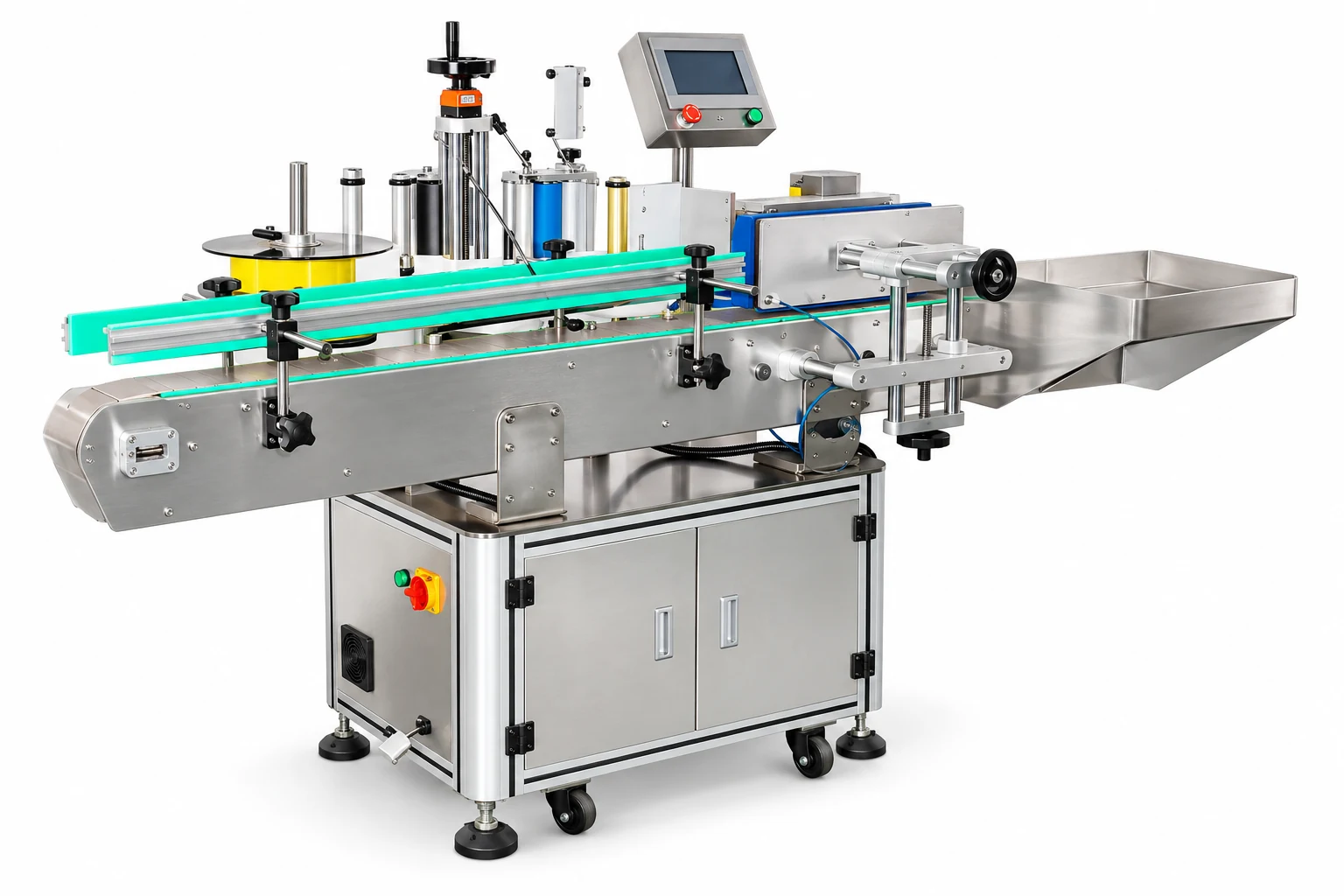 Reconstructed labeling machine display with conveyor guides, control panel and stainless steel cabinet