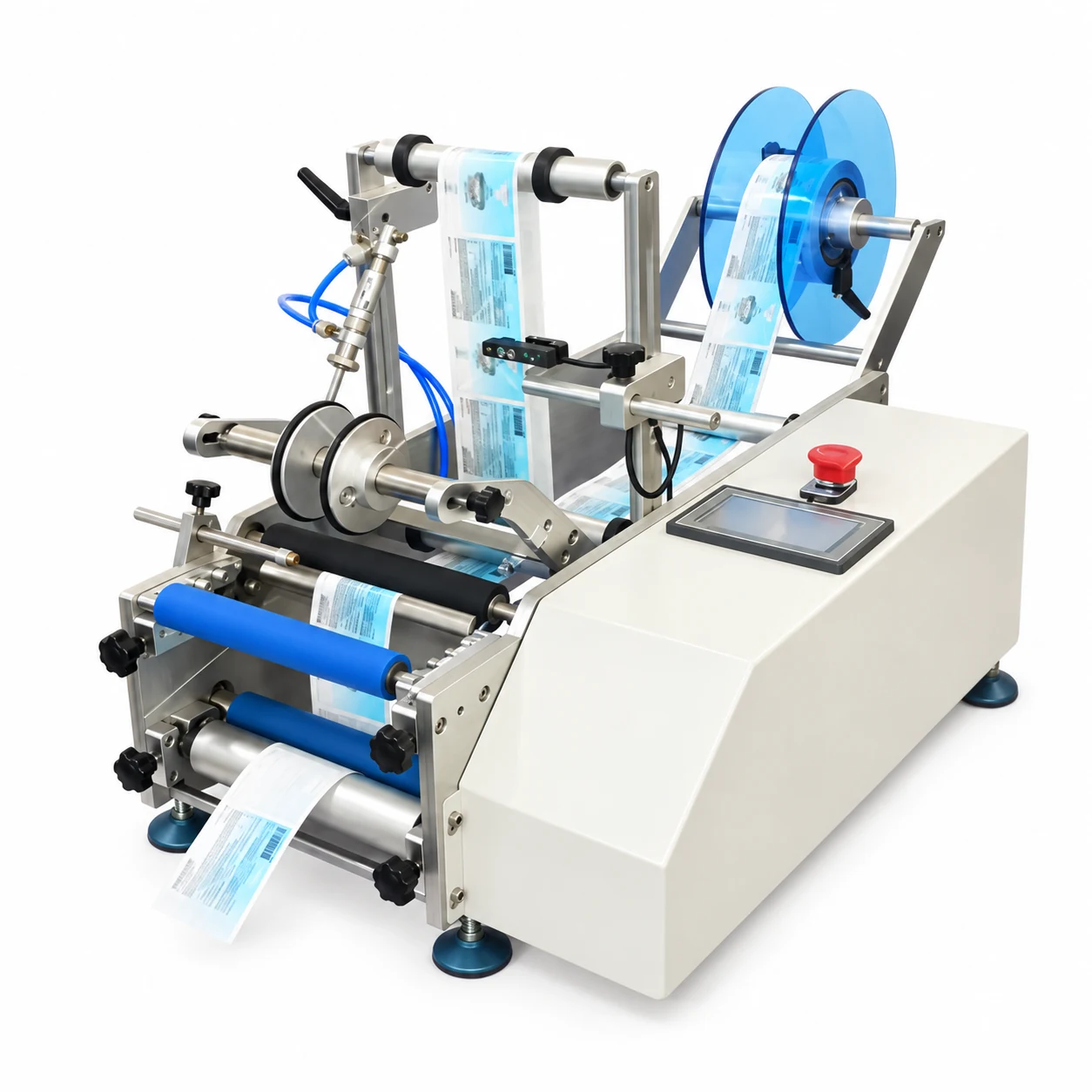 Reconstructed tabletop round-bottle labeler display showing label roll, rollers and control panel