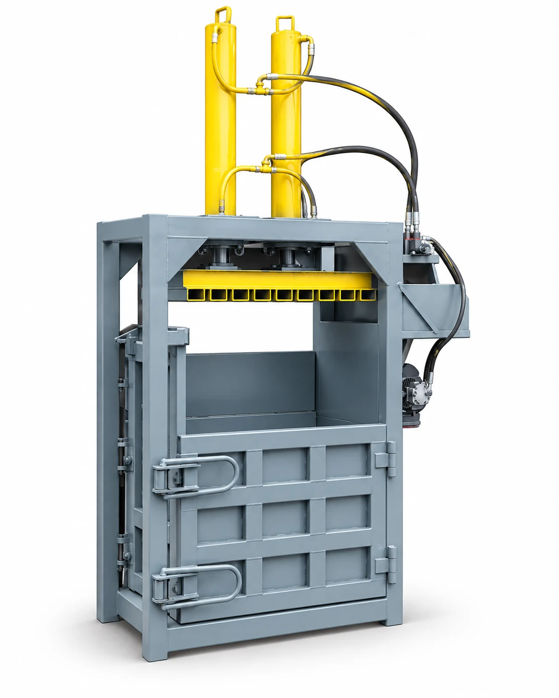 Reconstructed double-cylinder vertical hydraulic baler display with reinforced door and locking handles