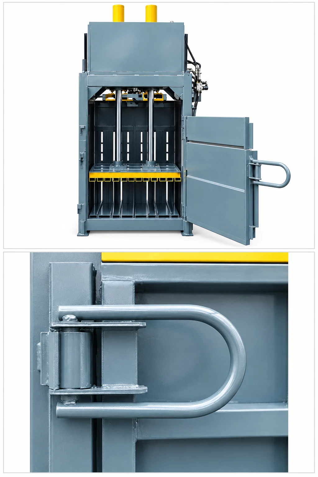 Reconstructed vertical baler illustration showing the open door and a close-up of the U-shaped handle