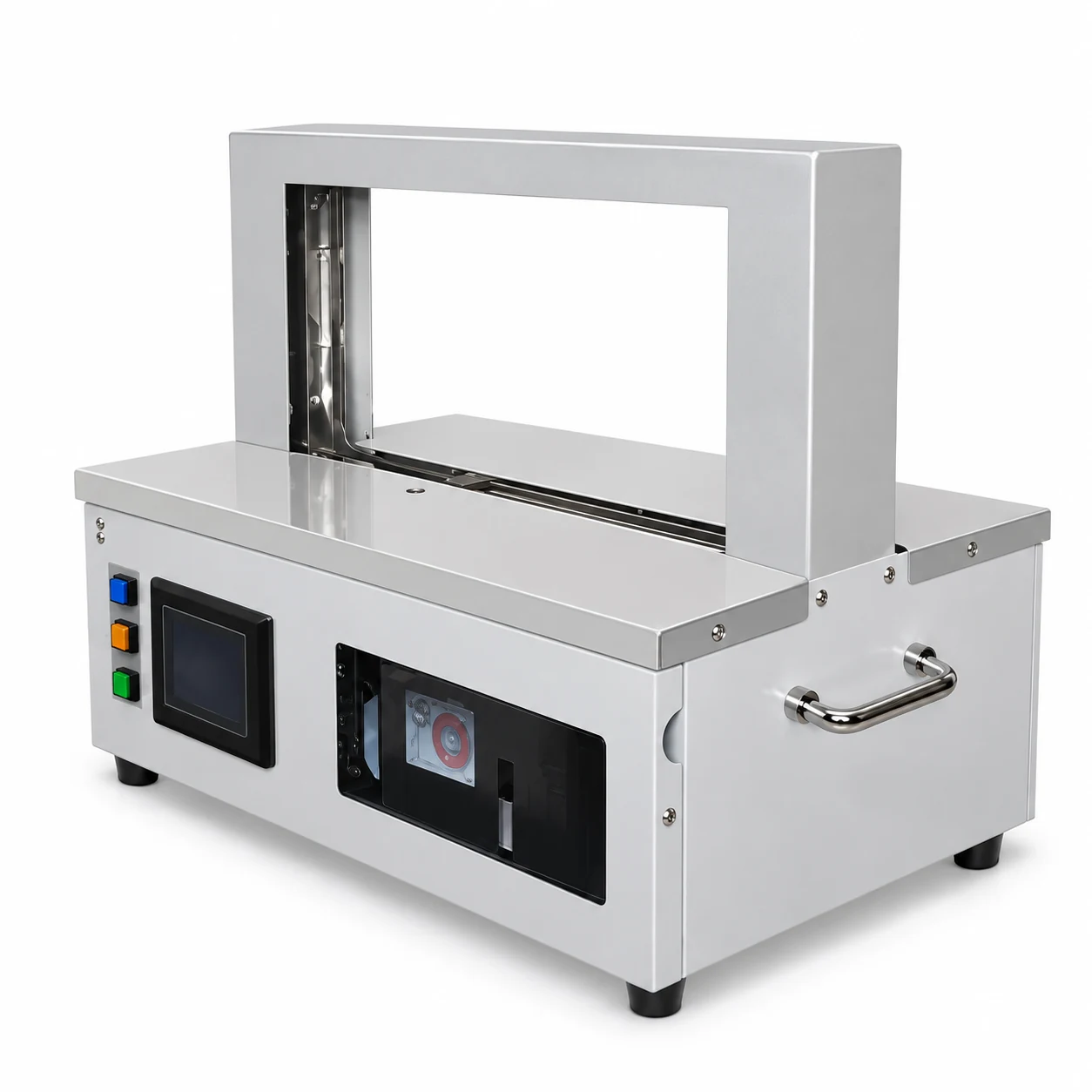 Reconstructed tabletop banding machine display with arch, control screen and band-roll viewing window