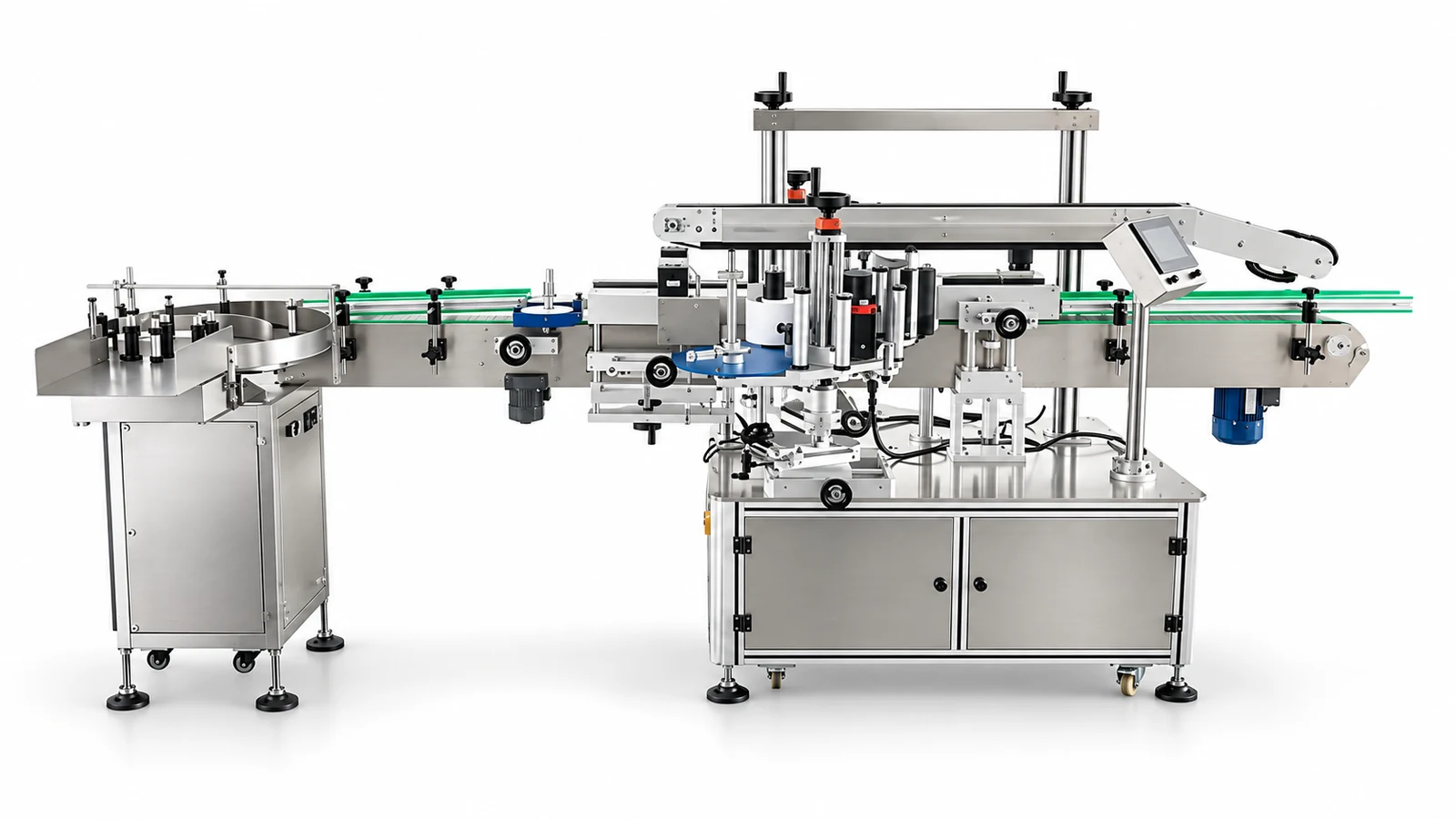 Optional labeling line illustration with bottle-feeding turntable, conveyor and side-labeling station