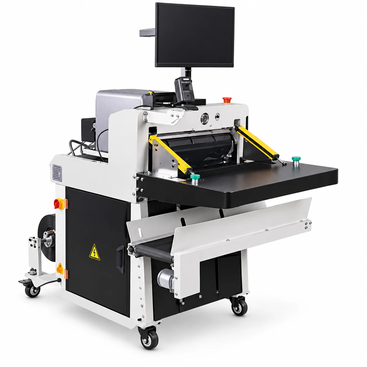 Reconstructed courier bagging workstation display with monitor, loading tray and discharge conveyor