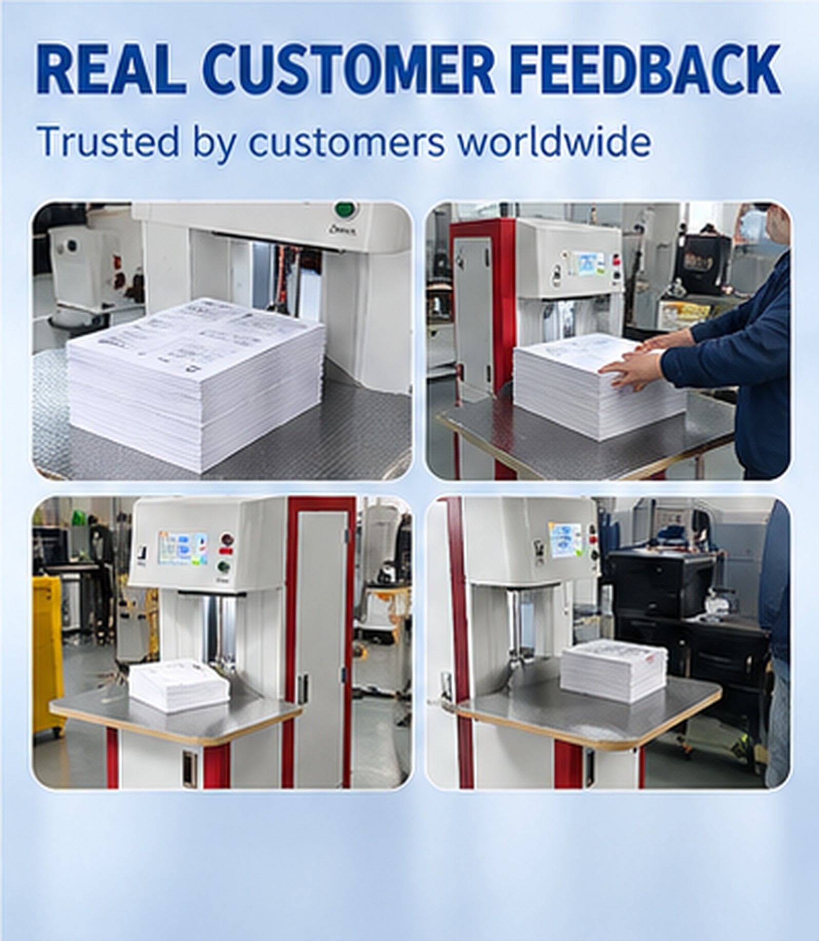 Customer-site photographs of the paper counter and an operator positioning a stack