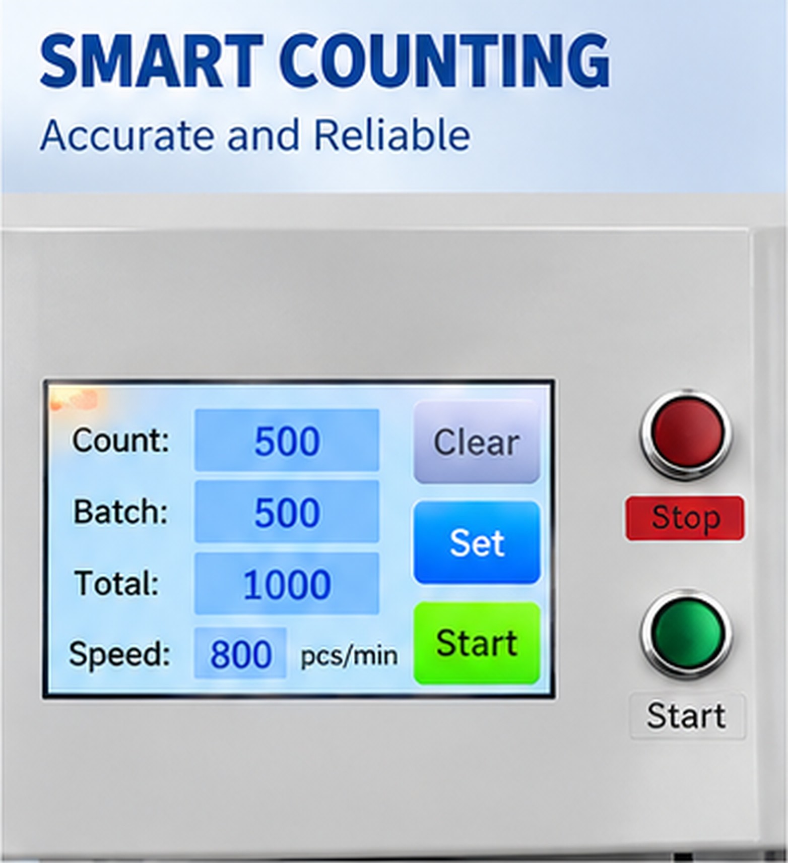 Touchscreen showing count, batch, total and adjustable counting speed