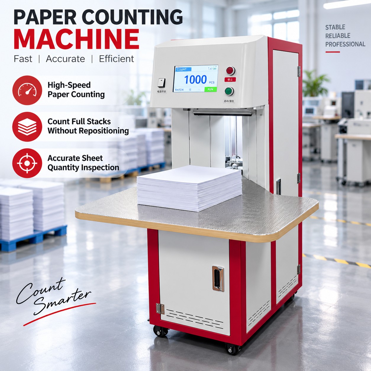 KPW-500A paper sheet counter with full machine and stack displayed