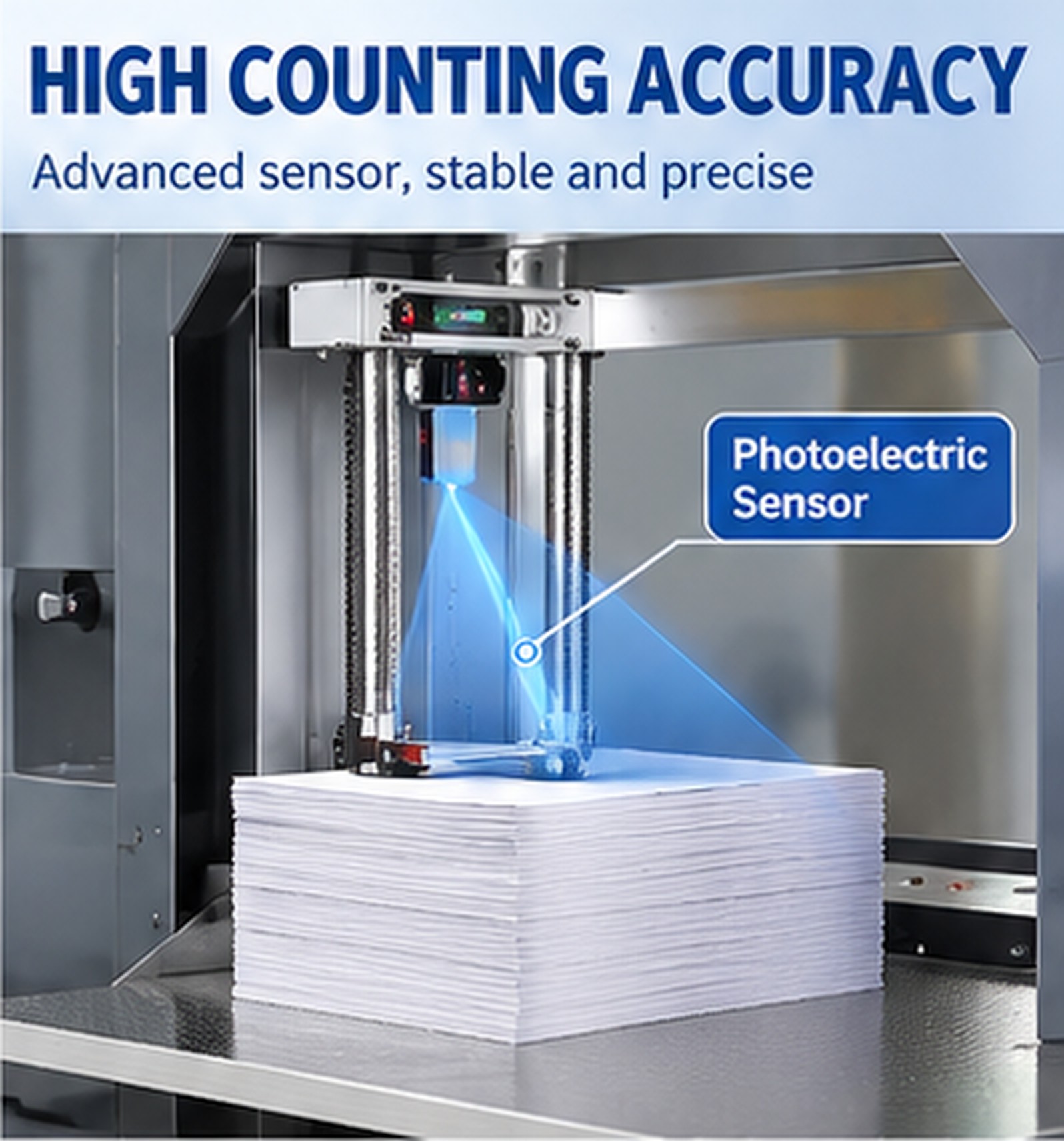 Photoelectric counting sensor detail above a stack of printed sheets