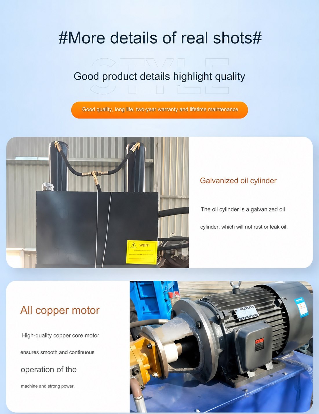 Vertical baler galvanized hydraulic cylinder, copper-core motor and two-year warranty details