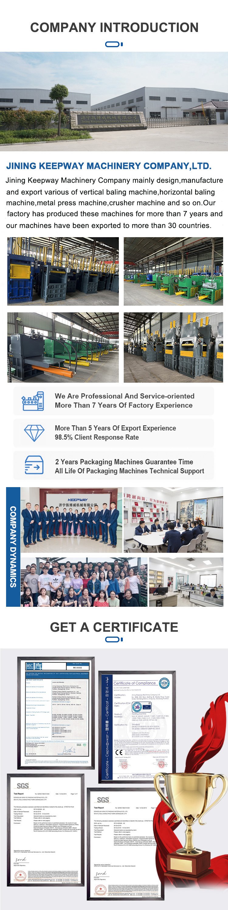 Keepway horizontal and vertical baler factory team certification and two-year warranty evidence