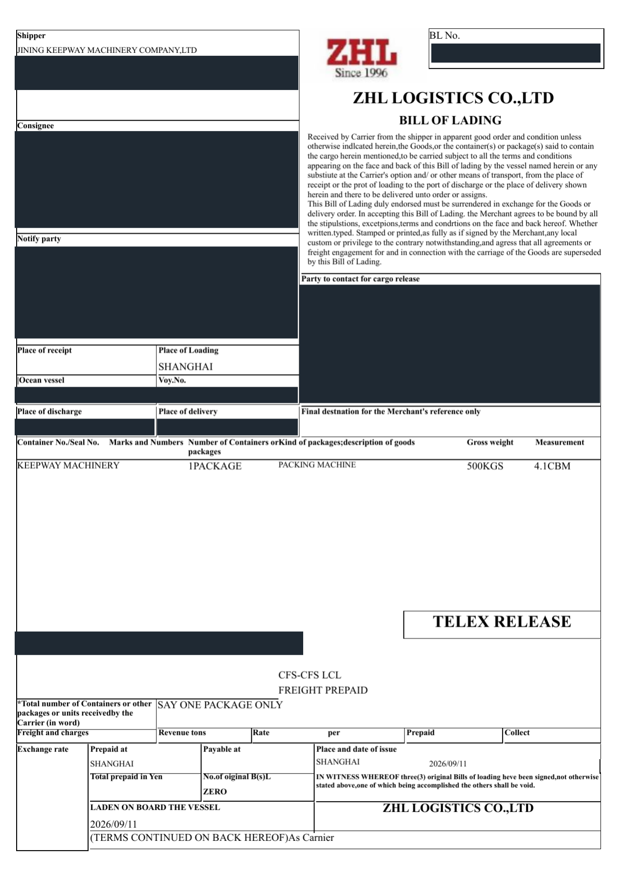 Redacted shipping record with consignee and transport identifiers obscured
