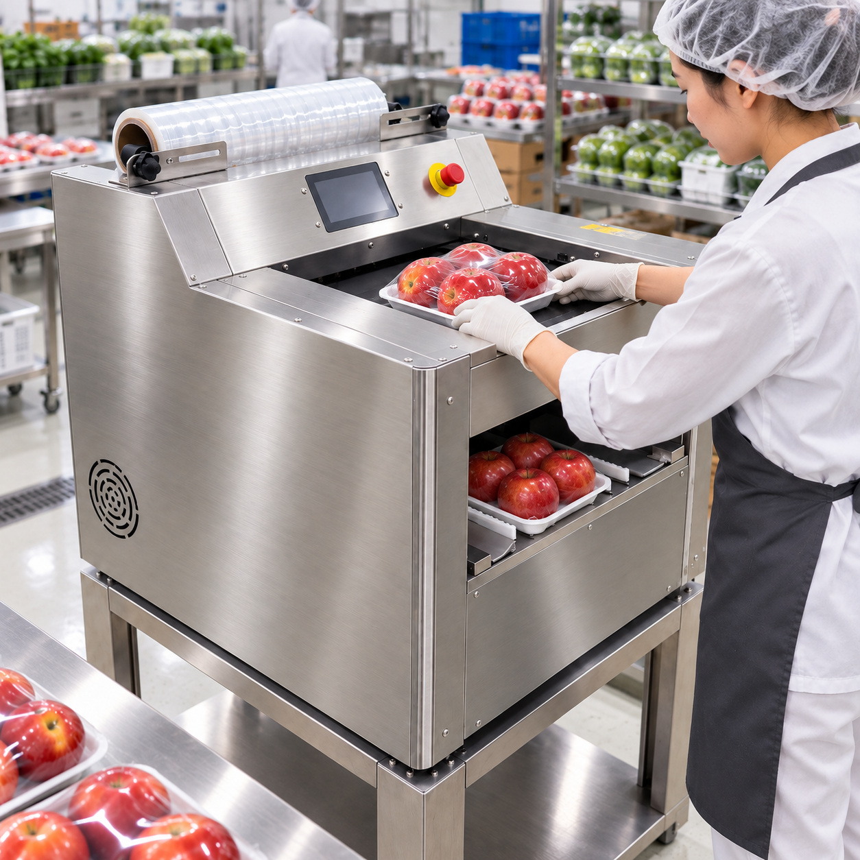 Operator loading an apple tray into a stainless steel cling film wrapping machine