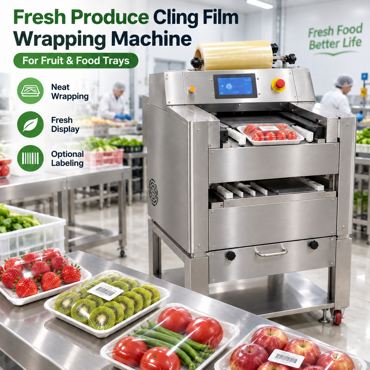 KPW-P4050 cling film tray wrapping machine with film roll and fresh produce trays