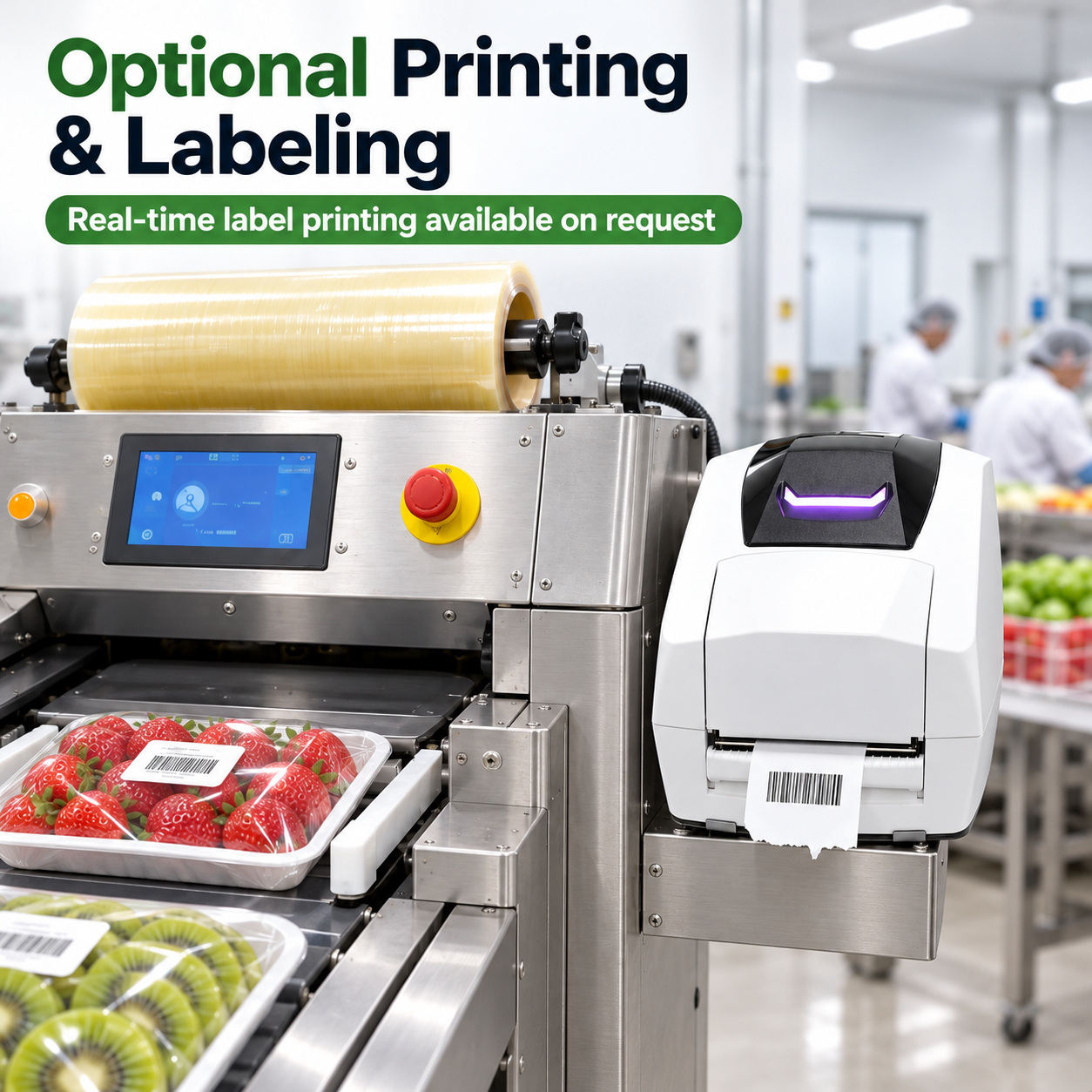Optional label printer beside the KPW-P4050 tray wrapper; printed labels are applied by hand
