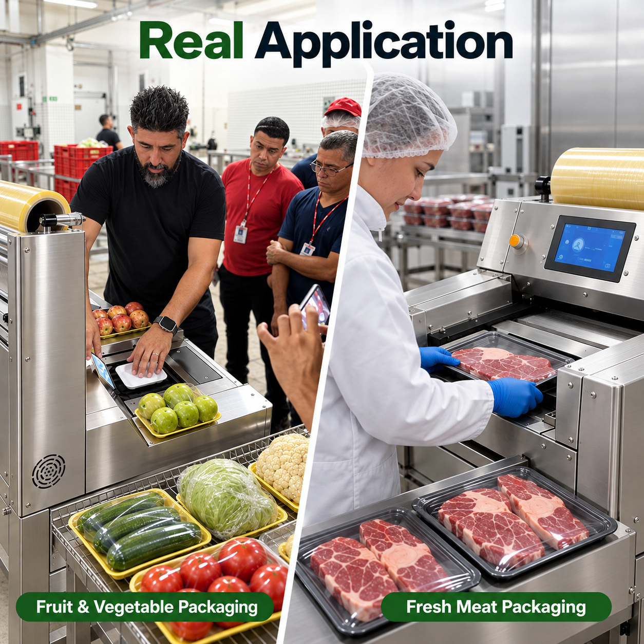 Operators using a cling film tray wrapper for fresh produce and meat packaging