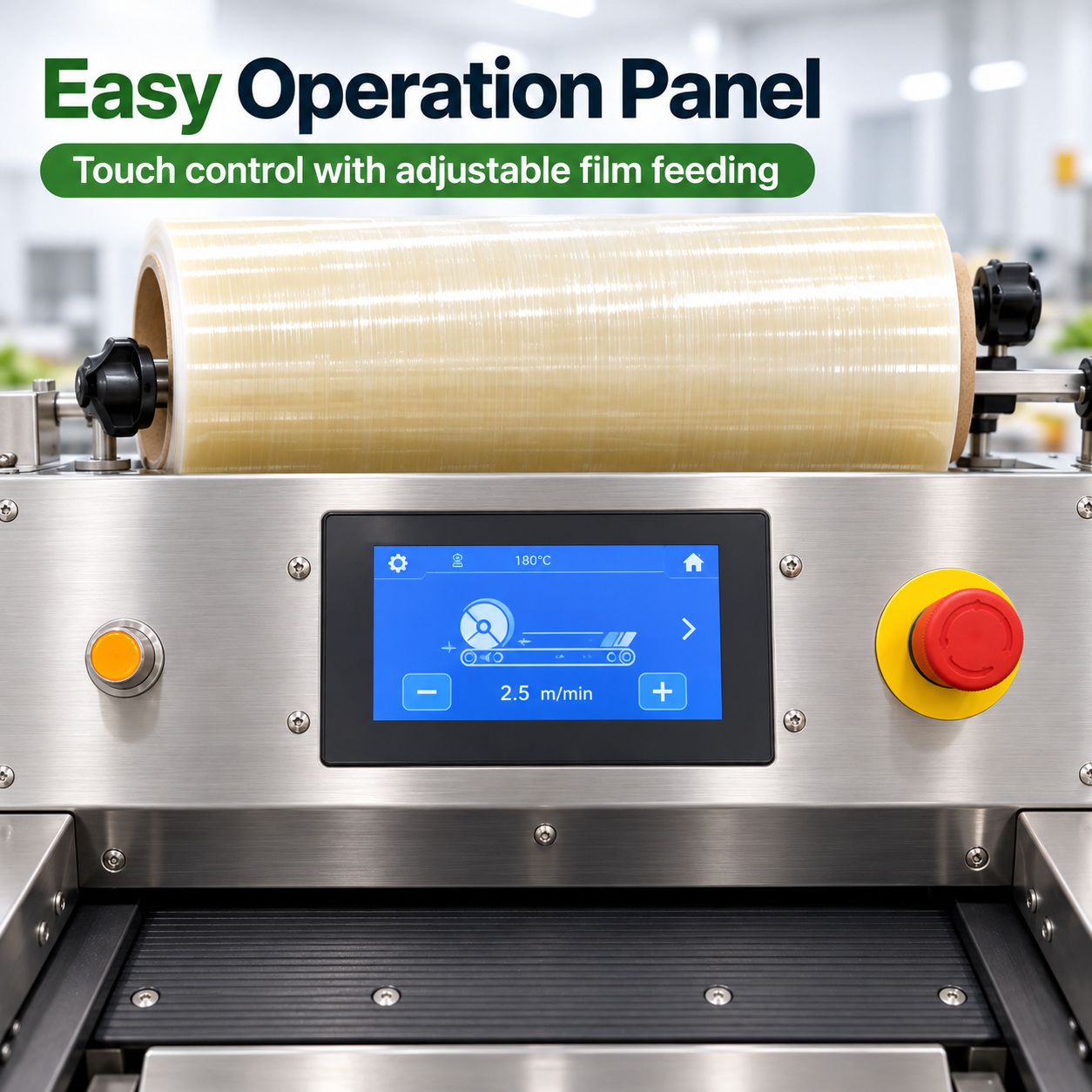 Touch control panel, film roll and emergency stop on the KPW-P4050 tray wrapper