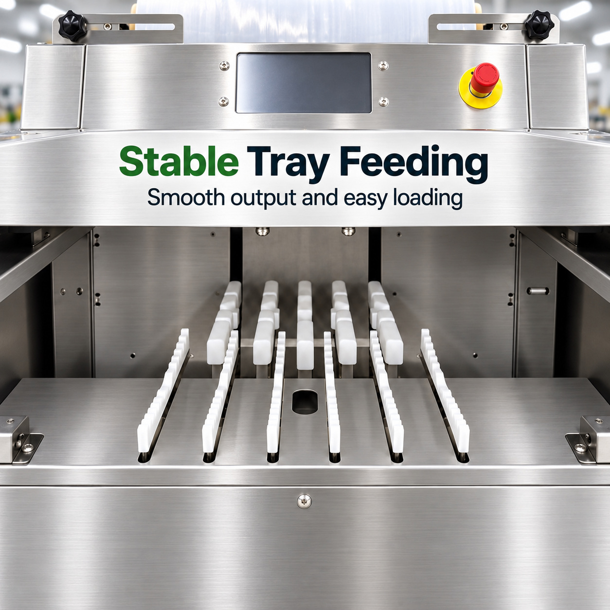 Tray support and feeding guides inside the KPW-P4050 food tray wrapping machine