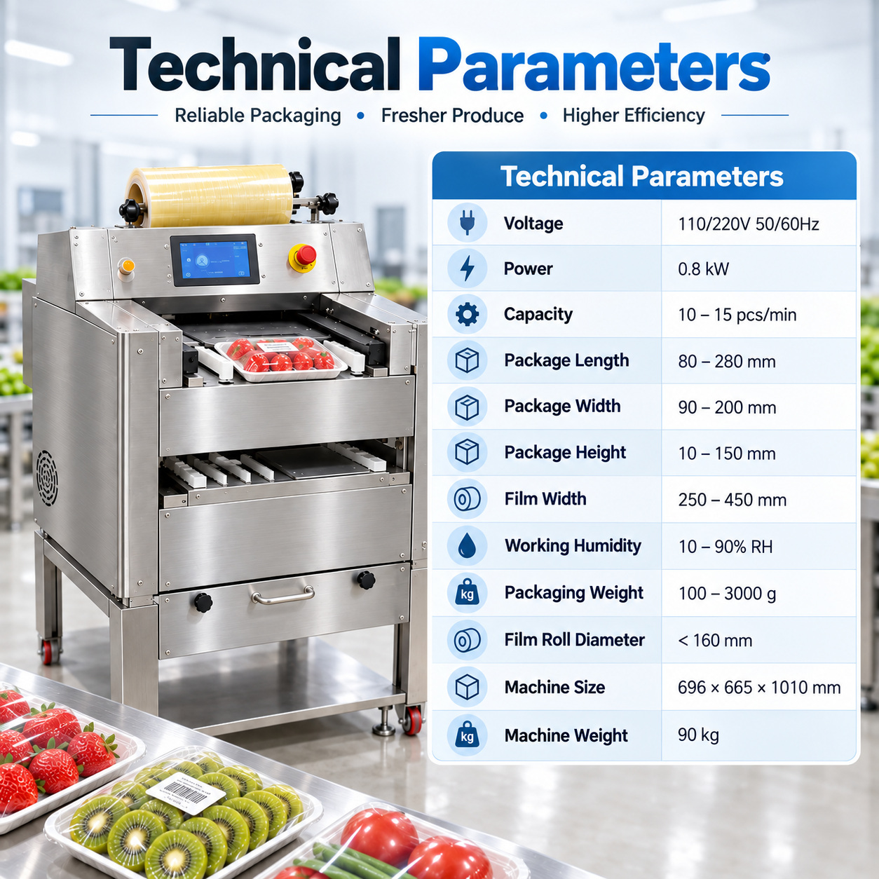 KPW-P4050 cling film tray wrapper technical specification table and machine view