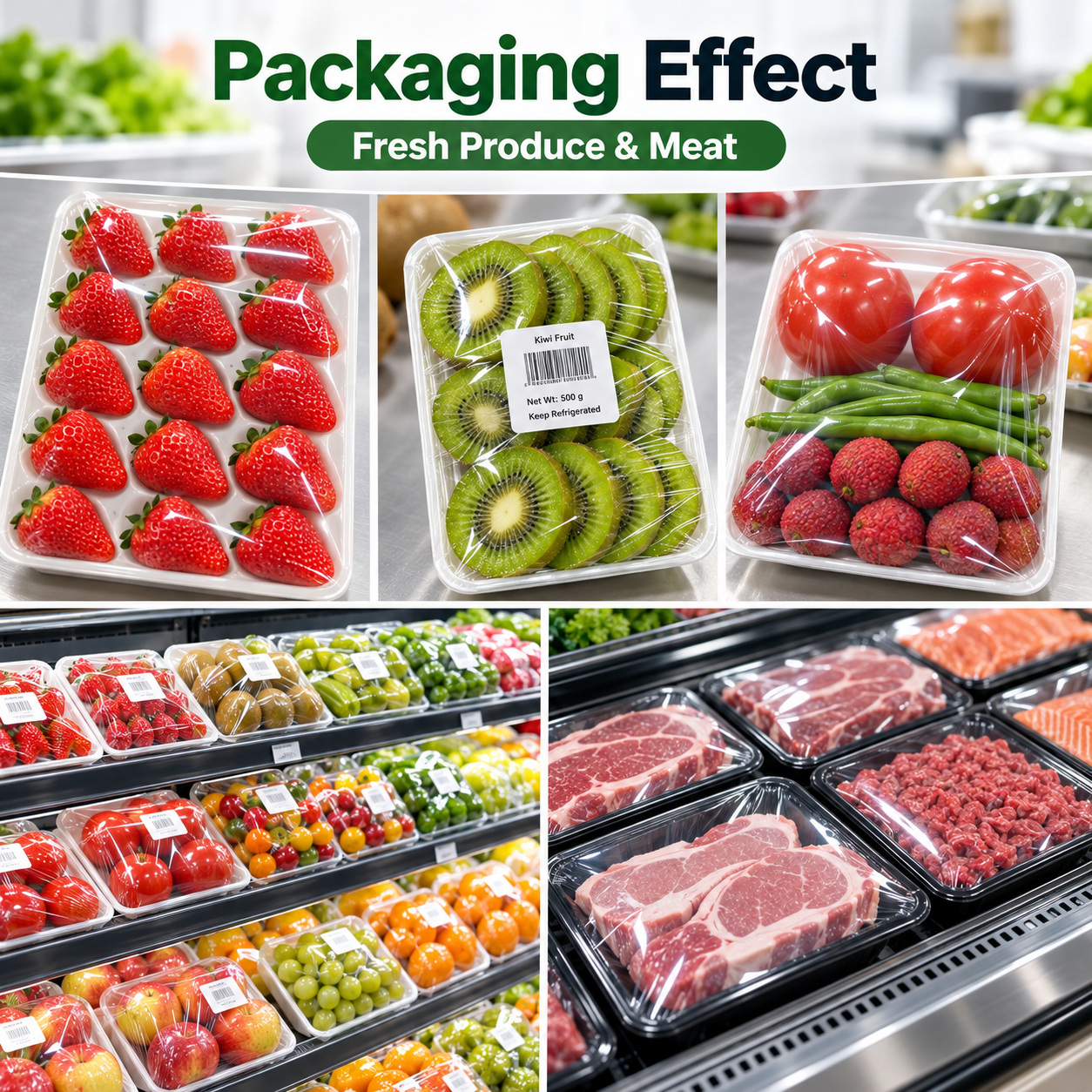 Cling film wrapped fruit, vegetables and meat trays shown in retail displays
