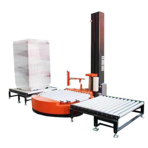 Automatic Turntable Pallet Stretch Wrapper with PLC Control and Touch Screen | Conveyorized In-Line Stretch Wrapping System for 20-40 Pallets per Hour