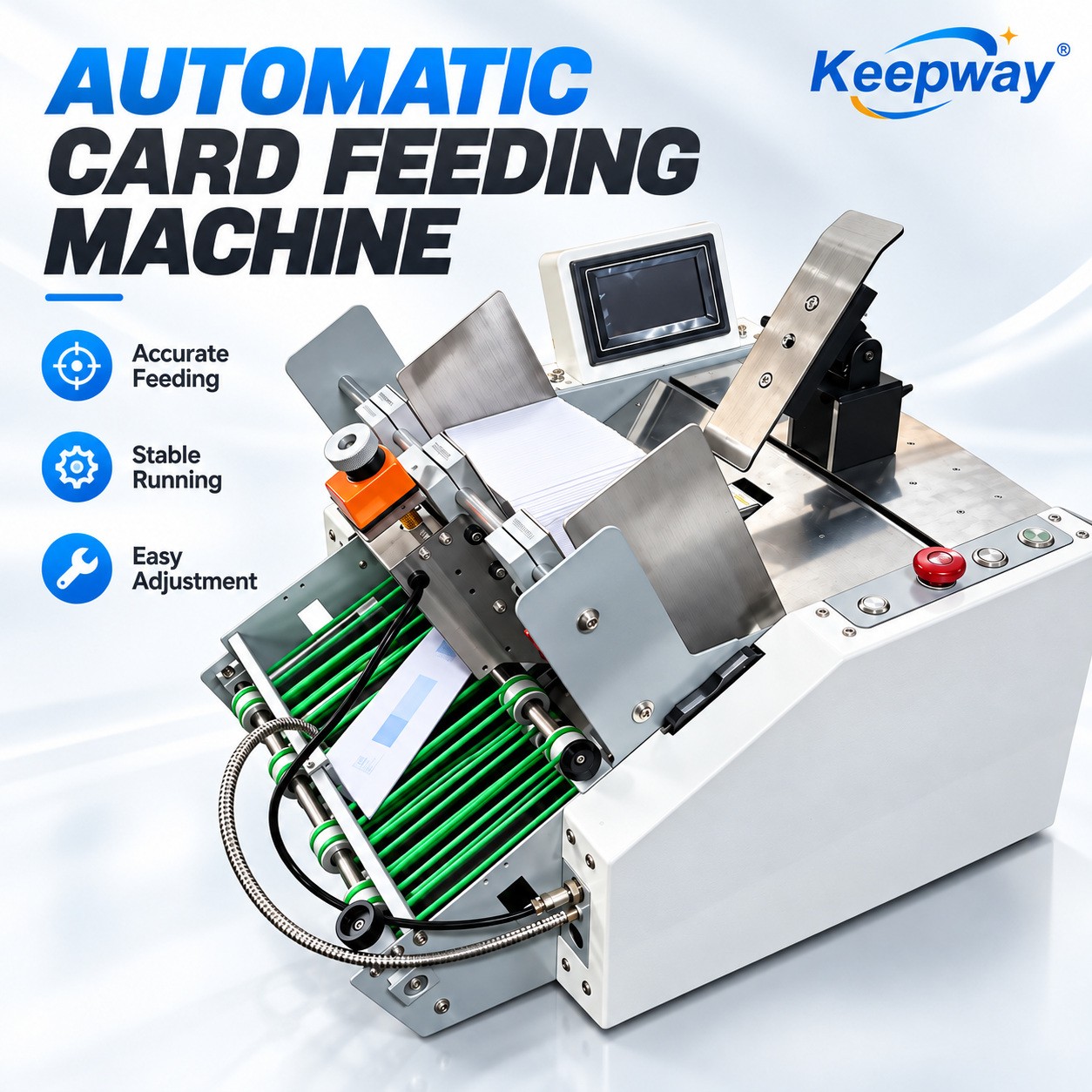 KEEPWAY tabletop friction card feeder with adjustable hopper, touchscreen and green discharge belts