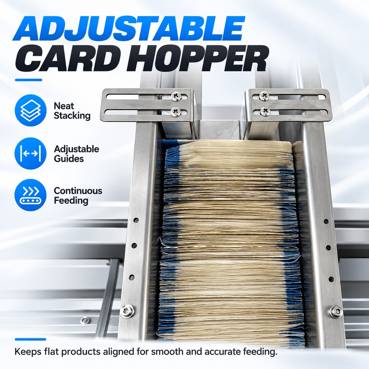 Adjustable feeder hopper guides holding a stack of flat sachets for separation