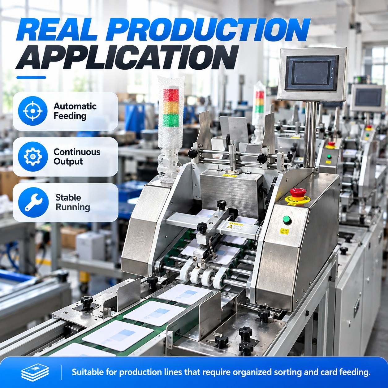 Optional conveyor production-line arrangement using a card feeder and downstream transport